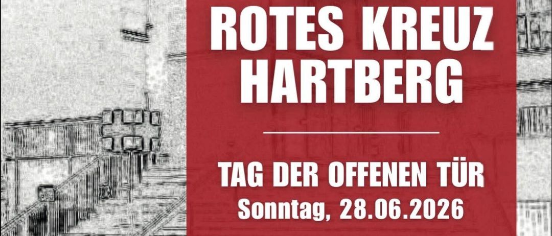Rotes Kreuz Hartberg feiert 50 Jahre. Tag der offenen Tür am Sonntag, 28.06.2026. Standort: Rotkreuzplatz 1, 8230 Hartberg. Tagesprogramm: Frühstück, Kaffee & Kuchen. 10:00 Uhr Gottesdienst, 14:00 Uhr Ausstellung und Führung.