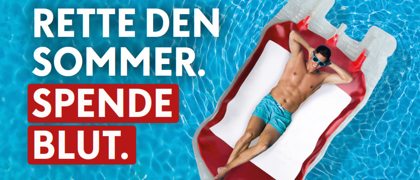 Sommer. Spende Blut. Veranstaltung am 2. Juli von 16:00 bis 20:00 Uhr in Hartberg, Edelweißhalle, Wiesengasse 39. QR-Code für Blutspende-App.
