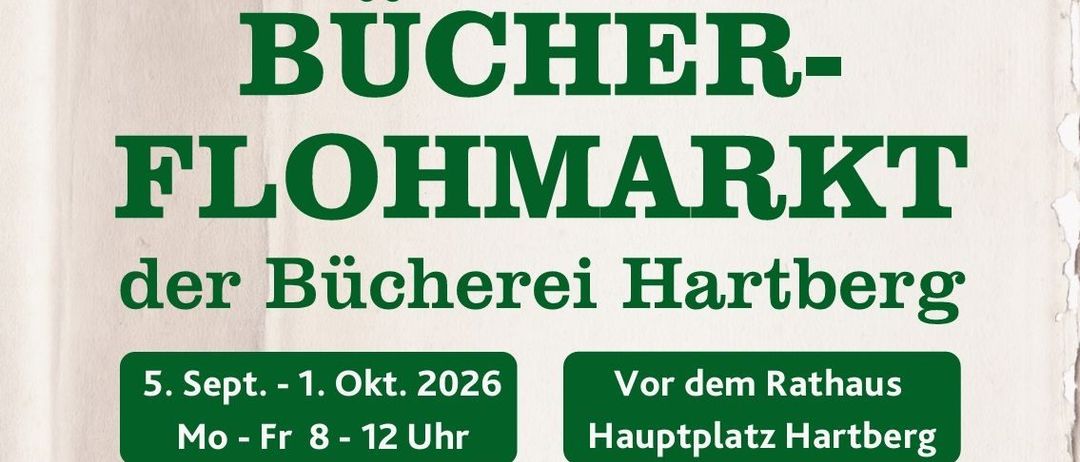 Plakat für einen Pop-up Bücherflohmarkt in Hartberg mit verschiedenen Büchern, einem Preisschild und Veranstaltungsdetails.