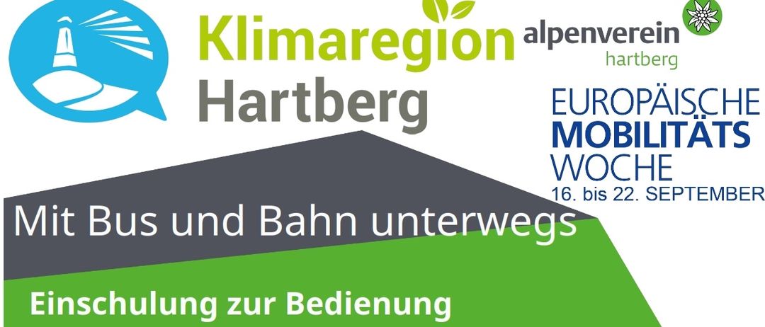 Plakat für eine Mobilitätswoche-Veranstaltung. Es enthält einen Zeitplan für ein Treffen am Hartberg Hauptplatz am 22. September 2026 um 13:30 Uhr, gefolgt von einem Mobilitätstraining für Einsteiger. Die Veranstaltung bietet auch eine Einführung in die Zukunft des Transports. Ein grüner Bus ist auf der rechten Seite des Plakats abgebildet.