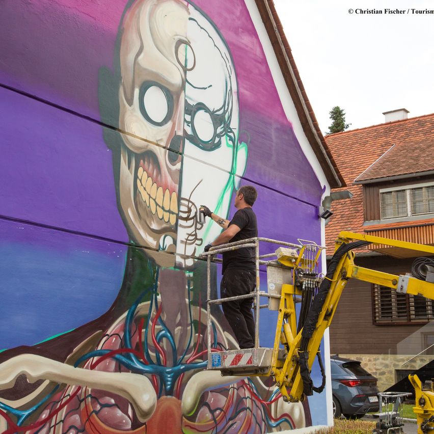 Bild enthält, Art, Painting, Mural, Person, Car, Wheel, Face, Head, Housing, Glove