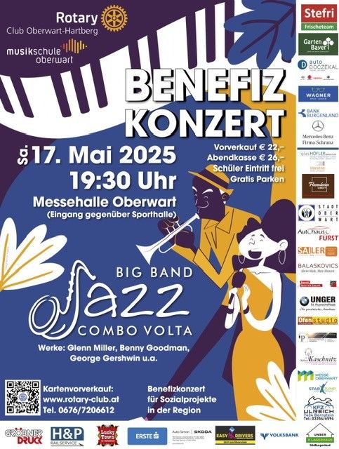 Plakat für das Benefizkonzert des Rotary Clubs Oberwart-Hartberg mit der Big Band Jazz Combo Volta. Die Veranstaltung findet am Samstag, den 17. Mai 2025 um 19:30 Uhr in der Messehalle Oberwart statt. Tickets sind erhältlich.