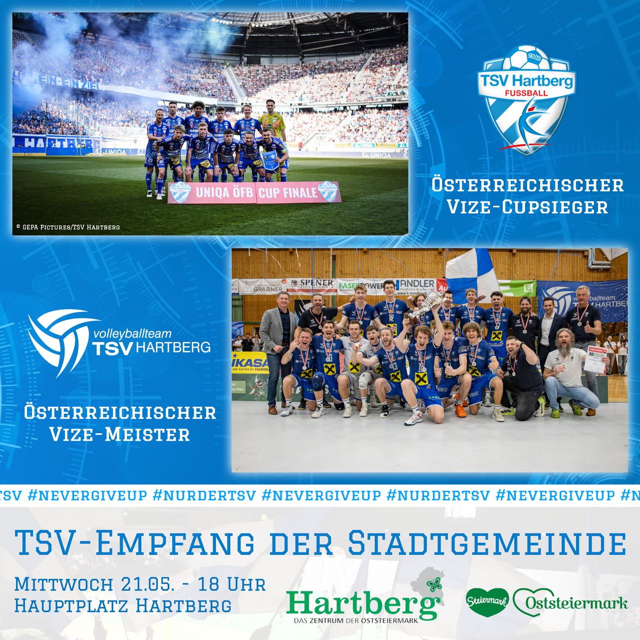 Eine Collage, die die Erfolge von TSV Hartberg im Fußball und Volleyball feiert. Das obere Bild zeigt das Fußballteam mit dem Uniqa OFB Cup Final Banner. Das untere Bild zeigt das Volleyballteam mit Medaillen und einer Menge.