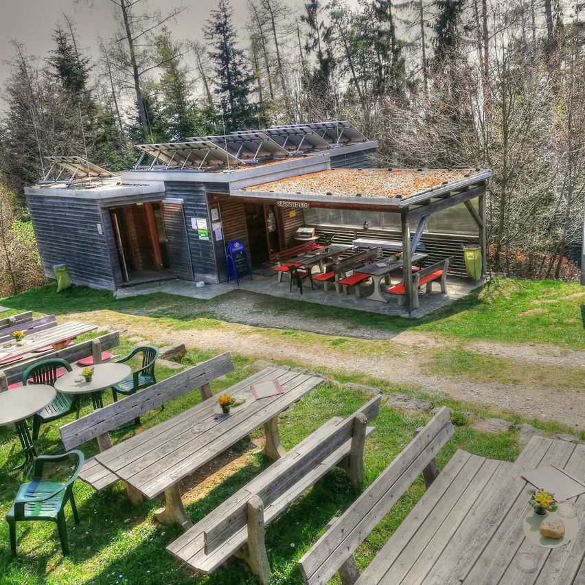 Bild enthält, Outdoors, Shelter, Interior Design, Backyard, Wood, Grass, Bench, Chair, Scenery, Housing