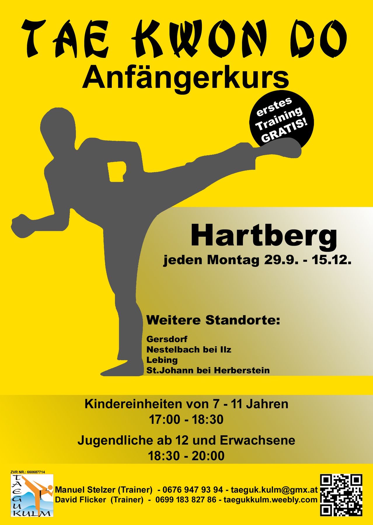 Plakat für einen Anfängerkurs in Kampfkunst. Es zeigt eine Silhouette einer Person, die einen Karate-Tritt ausführt. Der Text lautet 'Einsteigerkurs Hartberg jeden Montag 29.9.-15.12.' Zusätzliche Standorte sind unten aufgeführt. Kinder im Alter von 7-11 Jahren können von 17:00 bis 18:30 teilnehmen.