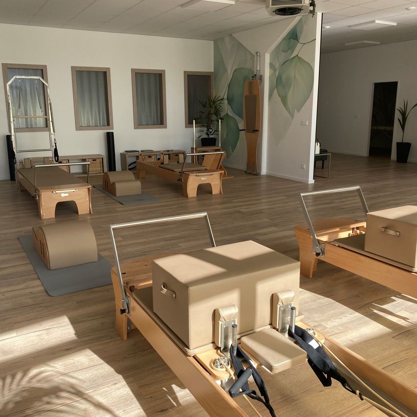 Ein Pilates-Studio mit Holzböden, weißen Wänden und großen Fenstern. Verschiedene Pilates-Geräte und Zubehör sind im Raum aufgestellt. Topfpflanzen und ein Holzschrank sind an der Wand zu sehen.