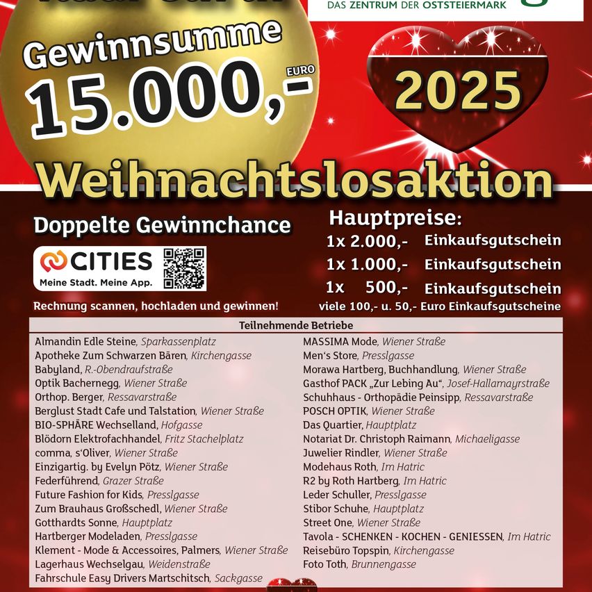 Ein Werbeplakat für eine Weihnachtsverlosung mit einem Gesamtpreisgeld von 15.000 Euro. Teilnehmer können verschiedene Preise wie Einkaufsgutscheine und Hauptpreise gewinnen. Teilnehmende Geschäfte sind aufgelistet.