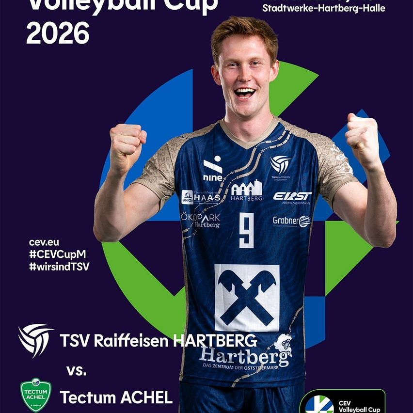 A smiling male volleyball player wearing a blue jersey with number 9, celebrating a victory in the 2026 Volleyball Cup sponsored by TSV Raiffeisen Hartberg.