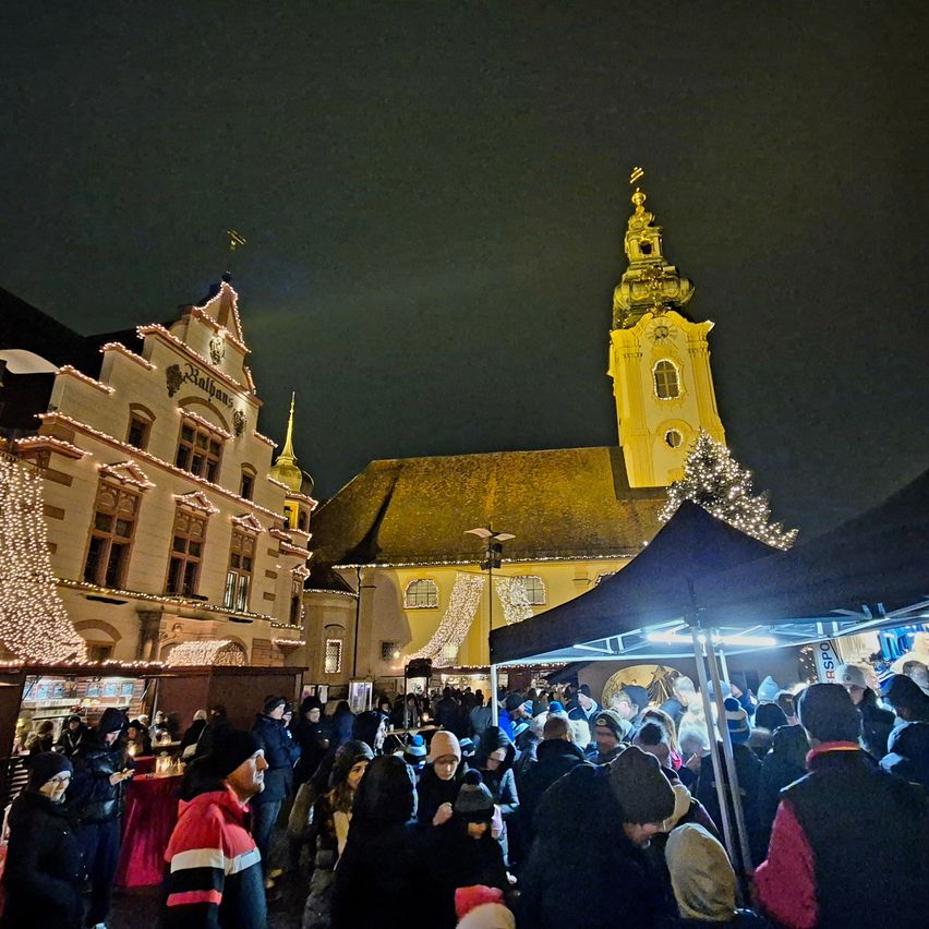 Eine große Menschenmenge versammelt sich bei Nacht auf einem festlichen Markt vor einem historischen Gebäude, das mit Lichtern und einem Weihnachtsbaum geschmückt ist.