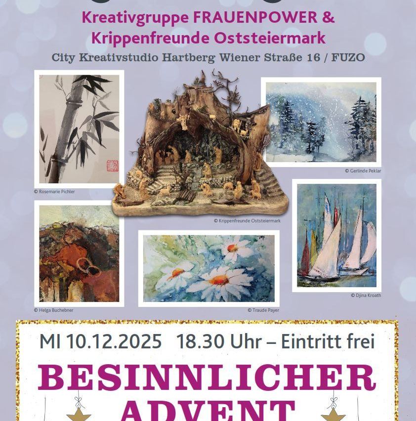 An advertisement for a creative group event on December 10, 2025, at 18:30, free entry. It features artworks by various artists, including landscapes and sailboats.