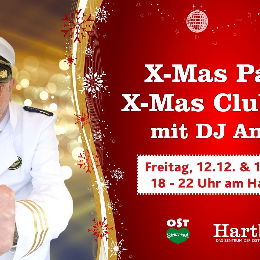 An advertisement for X-Mas Club with a man in a navy uniform. Date: Friday, December 12th. Time: 6pm to 10pm.