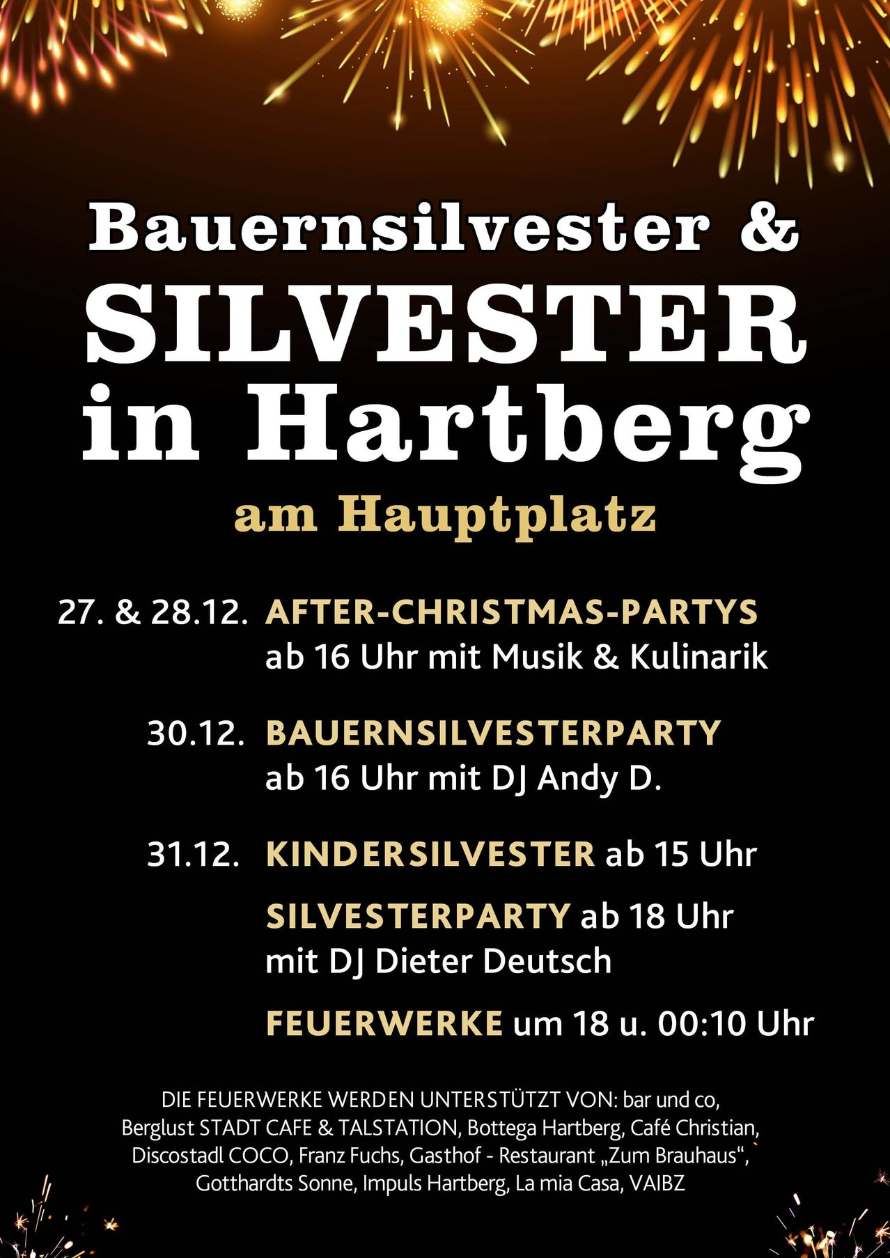 Werbung für Silvester- und Weihnachtsfeiern in Hartberg. Veranstaltungen umfassen Bauernsilvester, Kindersilvester und eine Silvesterparty. Daten und Zeiten sind angegeben.