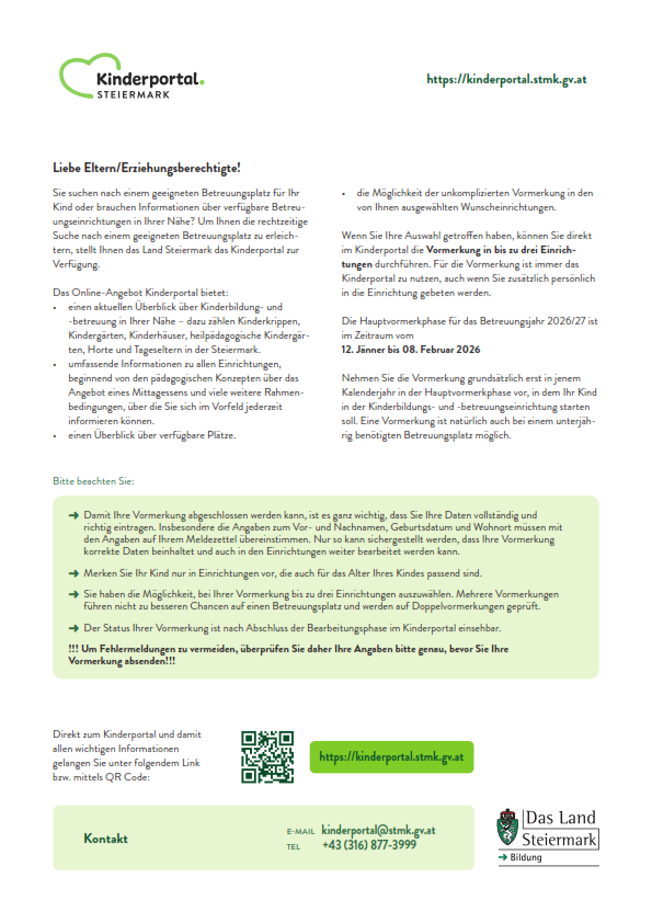 Dieses Dokument bietet Informationen über das Kinderportal, einen Online-Dienst für Eltern und Betreuer in der Steiermark, Österreich. Es erklärt, wie man sich für einen Kinderbetreuungsplatz registrieren kann und gibt Tipps zur Auswahl geeigneter Einrichtungen. Der Dienst ist in deutscher Sprache verfügbar.