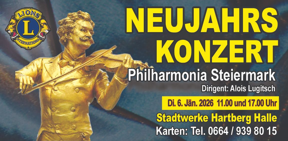 Eine goldene Statue eines Mannes, der eine Geige spielt. Text: Neujahrskonzert, Philharmonica Steine, Dirigent: Al, Datum: 6. Jänner 2026, Zeit: 11.00 Uhr, Ort: Stadtwerke Hartbo, Tickets: Tel. 0664 / 9.
