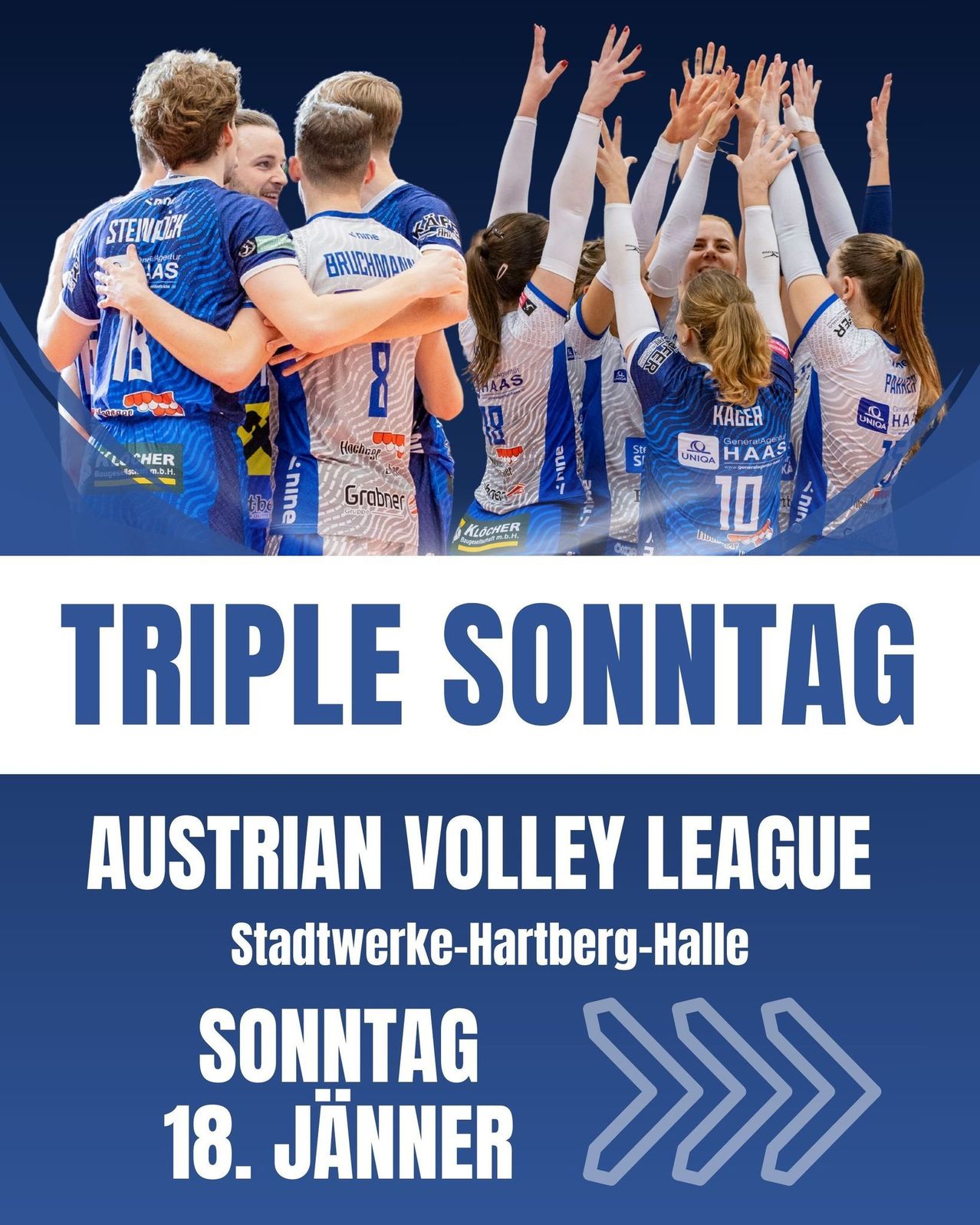 A group of athletes celebrating with raised arms, wearing blue and white uniforms. The image is titled 'Triple Sonntag' and features a blue background.
