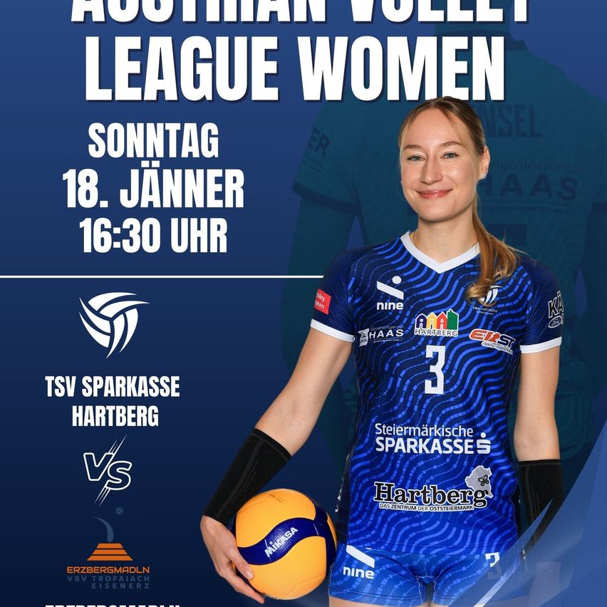 Poster for Austrian Volleyball League Women with a woman in uniform holding a ball. Date: Sunday, January 18, 2020. Time: 16:30. Teams: TSV Sparkasse Hartberg vs. VBVZ Trofaiach Eisenerz.
