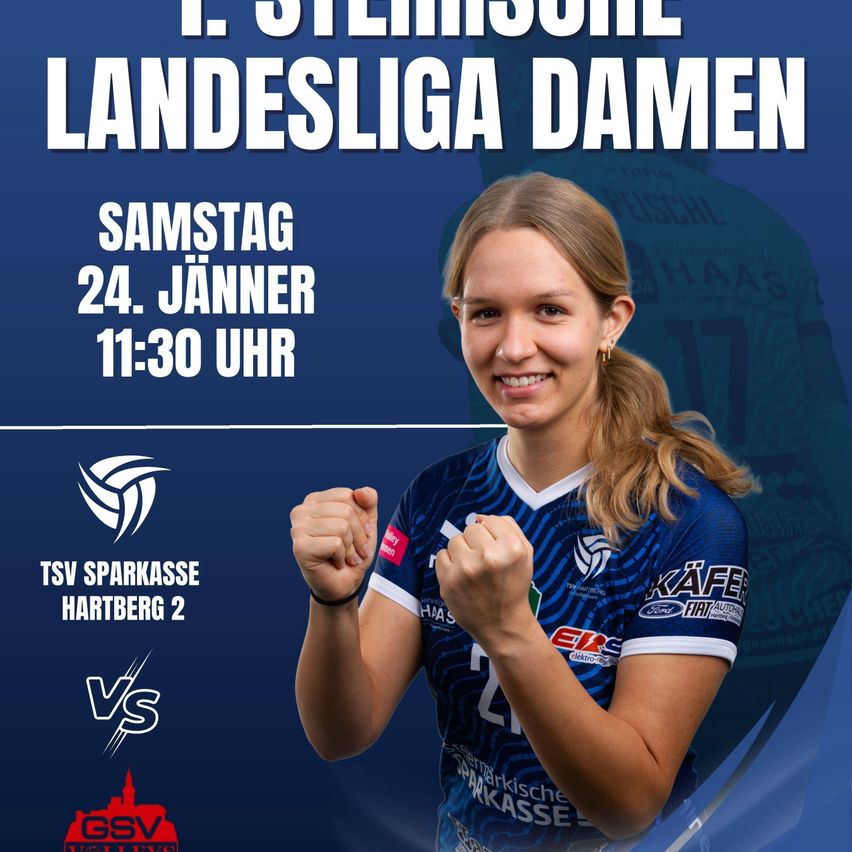Plakat für ein Damen-Volleyballspiel. Das Spiel findet am Samstag, den 24. Januar um 11:30 Uhr statt. Die Teams sind TSV Sparkasse Hartberg 2 und GSV Volleyball. Eine Frau in einem blauen Trikot mit der Nummer 27 ist abgebildet.