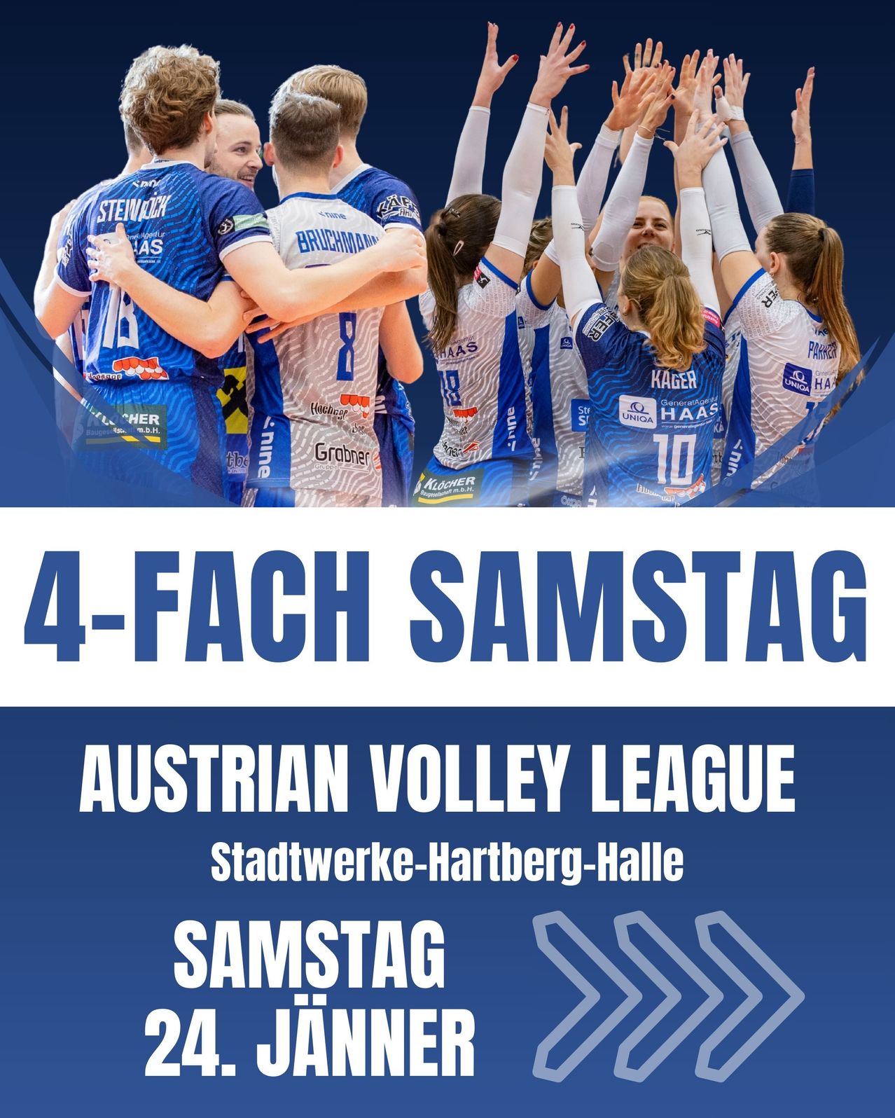 Werbeplakat für die vierfache Samstagsveranstaltung der österreichischen Volleyball-Liga in der Stadtwerke-Hartberg-Halle mit einer Gruppe von Spielern, die mit erhobenen Händen feiern.