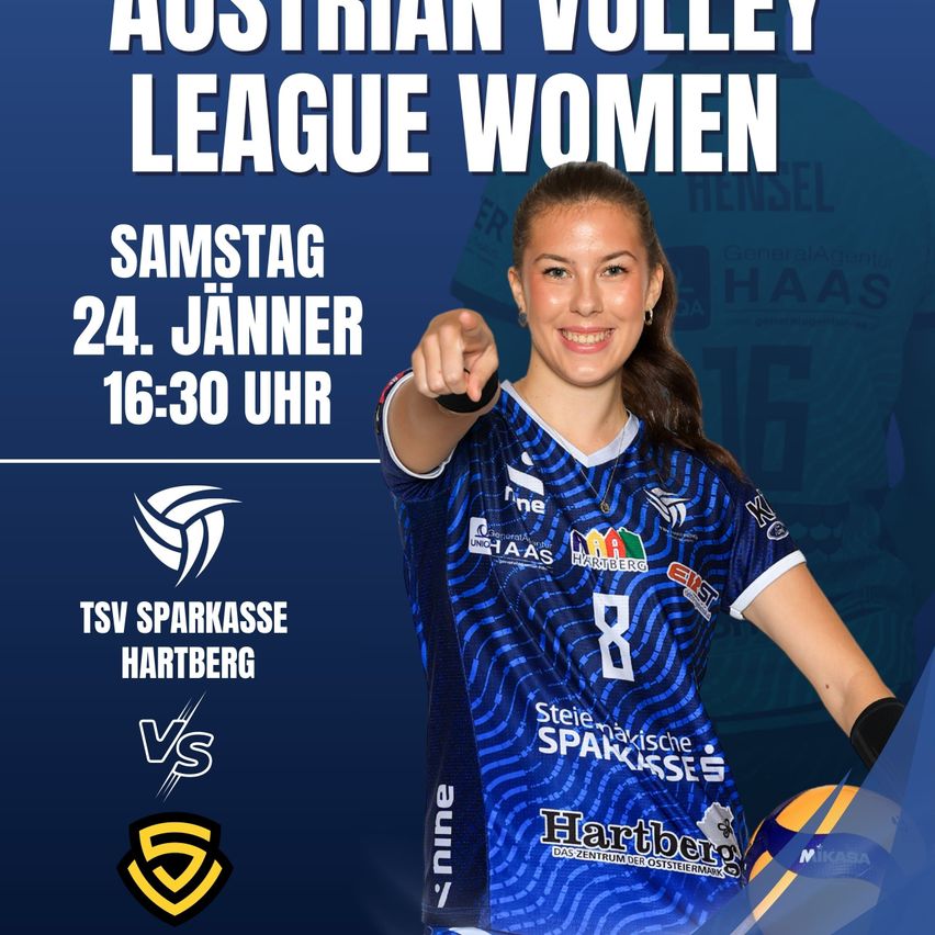 Poster für das Spiel der österreichischen Volleyball Liga der Frauen am Samstag, 24. Januar, von 16:30 bis 18:30. Das Poster zeigt eine lächelnde Volleyballspielerin in einem blauen Trikot.
