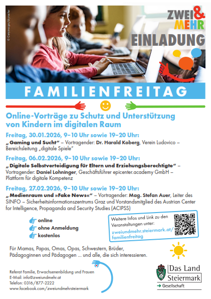 Ein Plakat für einen Familientag mit drei Online-Vorträgen zum Schutz und zur Unterstützung von Kindern im digitalen Raum. Details zu Datum, Uhrzeit, Themen und Rednern sind angegeben. Kontaktinformationen und Website sind vorhanden.