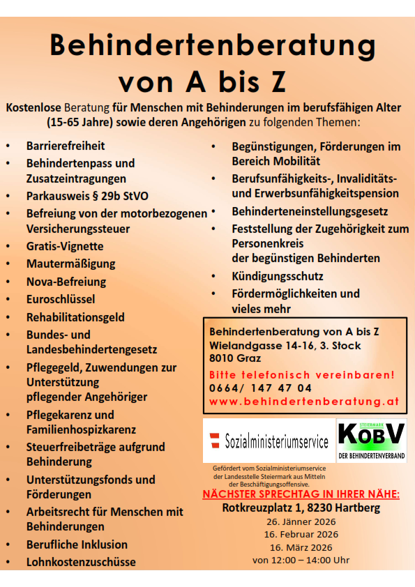 Plakat für 'Behindertenberatung von A bis Z' bietet kostenlose Beratung für Menschen mit Behinderungen im erwerbsfähigen Alter (15-65 Jahre) und deren Angehörige zu verschiedenen Themen. Es enthält Kontaktdaten und Terminvereinbarungsmöglichkeiten.