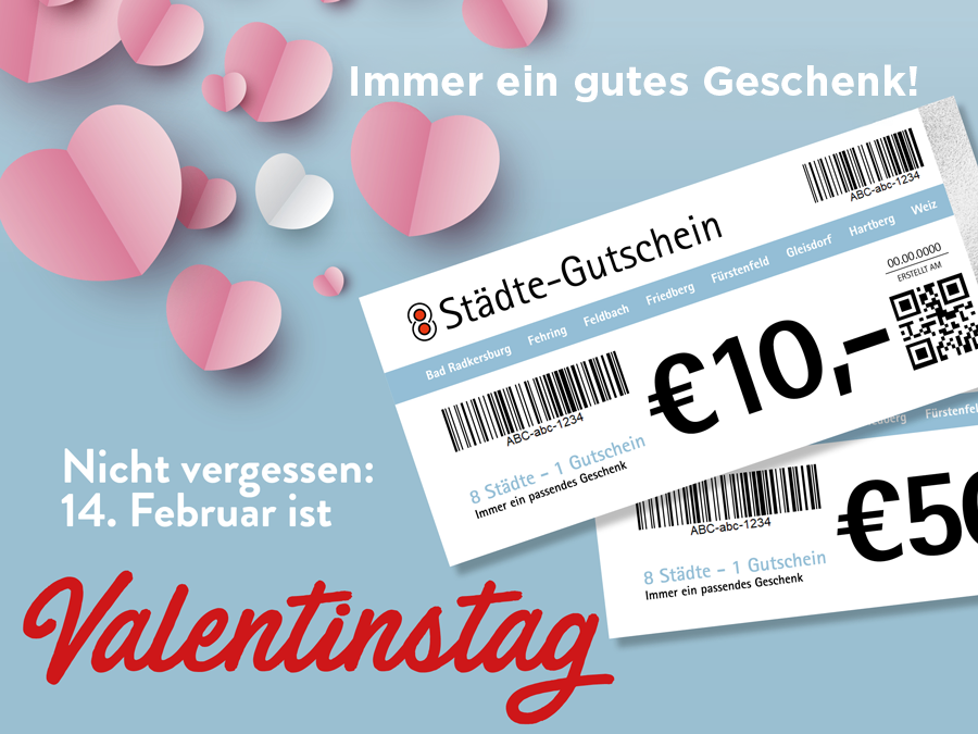 Eine Valentinstags-Aktion von Stadte-Gutschein zeigt einen blauen Hintergrund mit Herzen und einem Gutschein mit Barcode und einem Wert von 10 Euro. Der Text lautet 'Immer ein gutes Geschenk'.