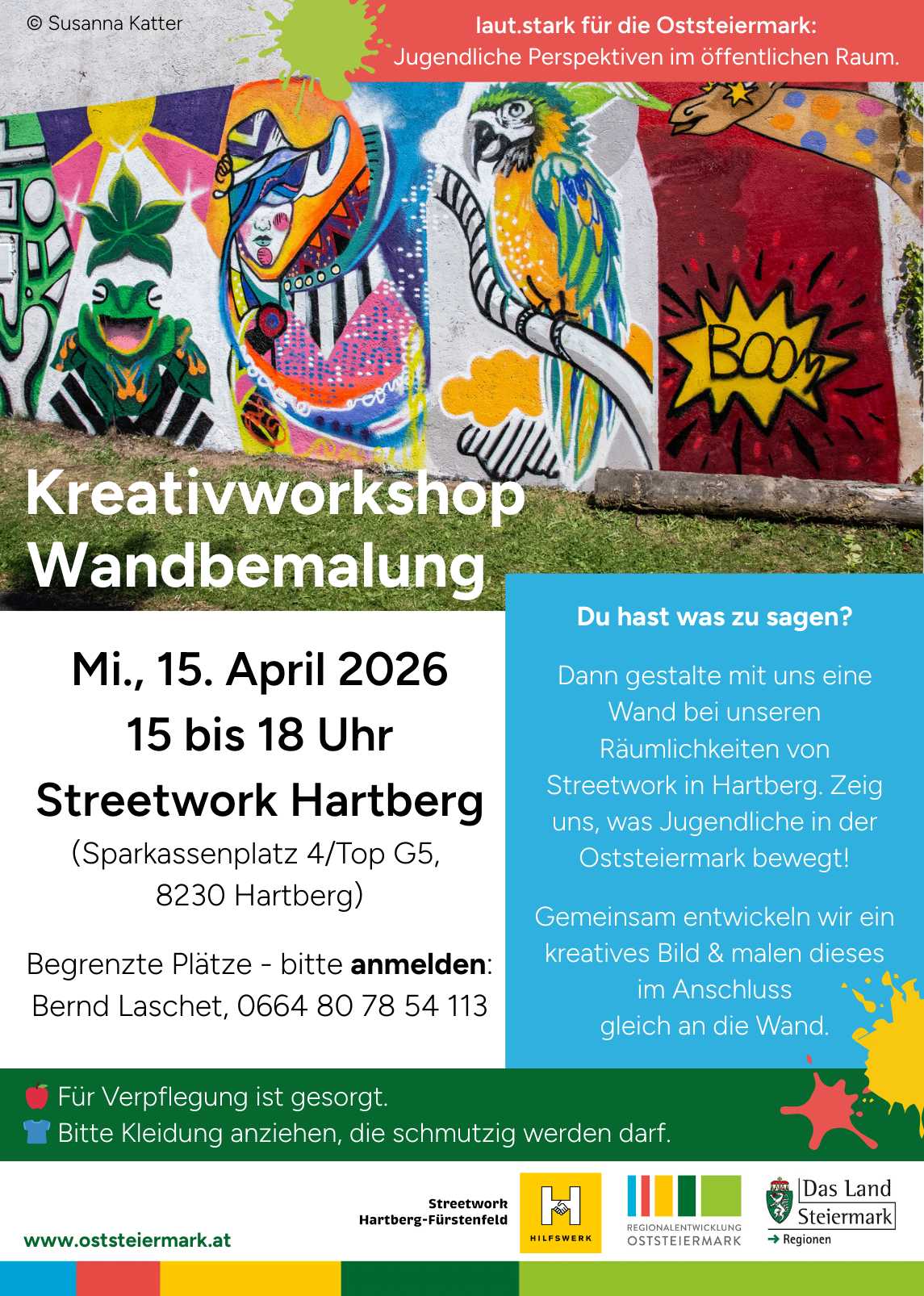 Plakat für ein Wandmal-Workshop. Datum: 15. April 2026, 15-18 Uhr. Ort: Sparkassenplatz 4/Top G5, 8230 Hartberg. Anmeldung erforderlich.