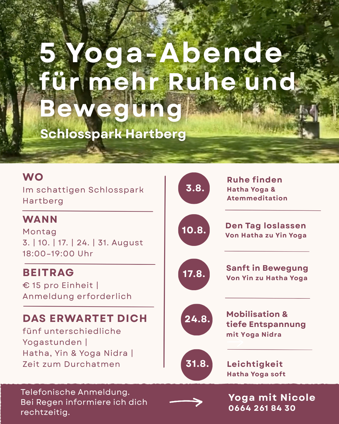 Plakat für Yoga-Abende im Schlosspark Hartberg, zeigt einen Baum in einem Grasfeld, mit Informationen zum Zeitplan, Preis und Erwartungen.