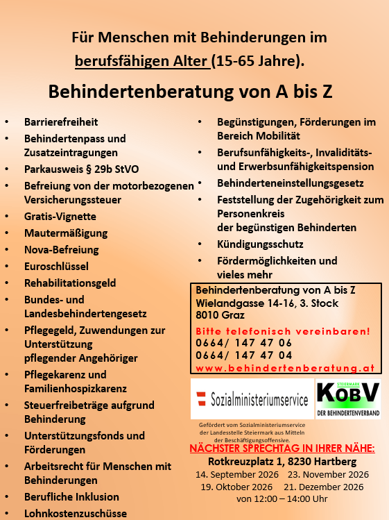Ein Informationsposter über Behindertendienste für Menschen im Alter von 15-65 Jahren. Es listet verschiedene Vorteile und Dienstleistungen wie barrierefreie Zugänglichkeit, Behindertenpässe und Unterstützung für Pflegende auf. Es enthält auch Kontaktinformationen und Termine für kommende Beratungstage.