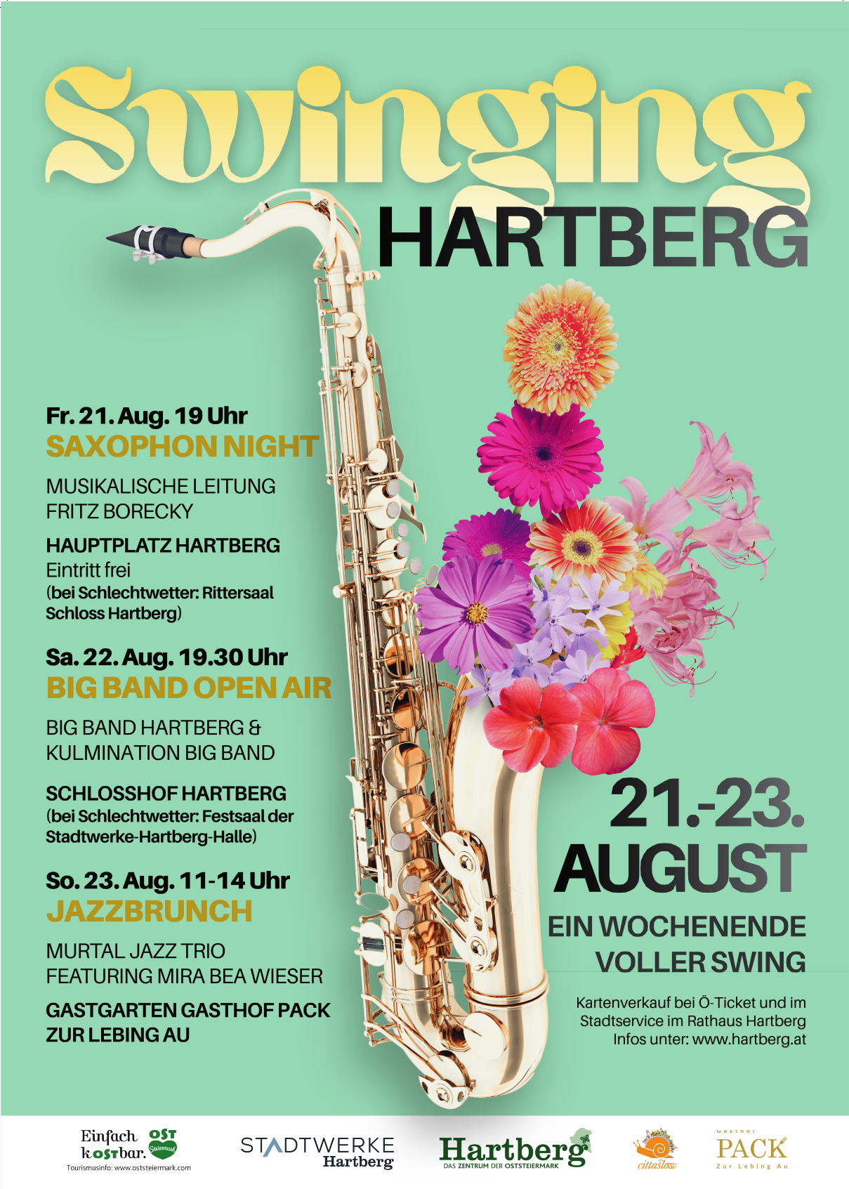 Plakat für Hartberg Musikveranstaltungen mit einem Saxophon und Blumen, mit Details über eine Saxophon-Nacht, Big Band Open Air und Jazz Brunch.