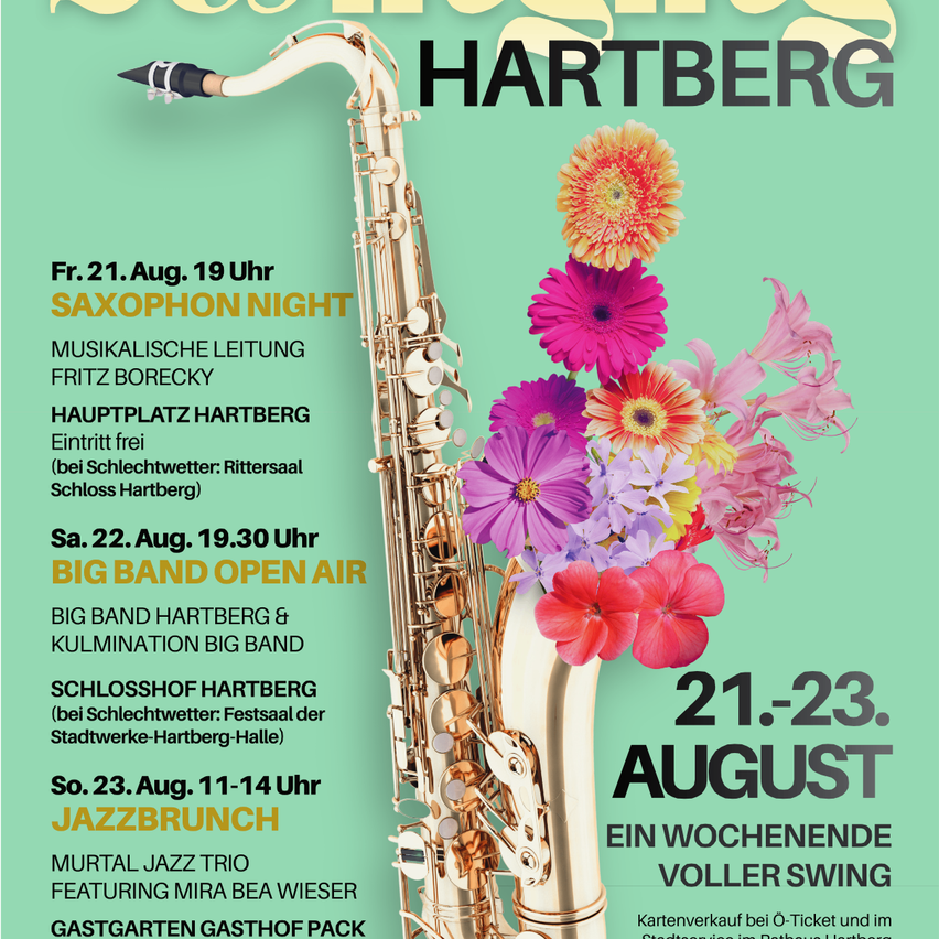 Plakat für ein Musikevent mit einer Saxophon, Blumen und Daten für August 21-23. Das Event beinhaltet eine Saxophon-Nacht, ein Big-Band-Open-Air und ein Jazz-Brunch.