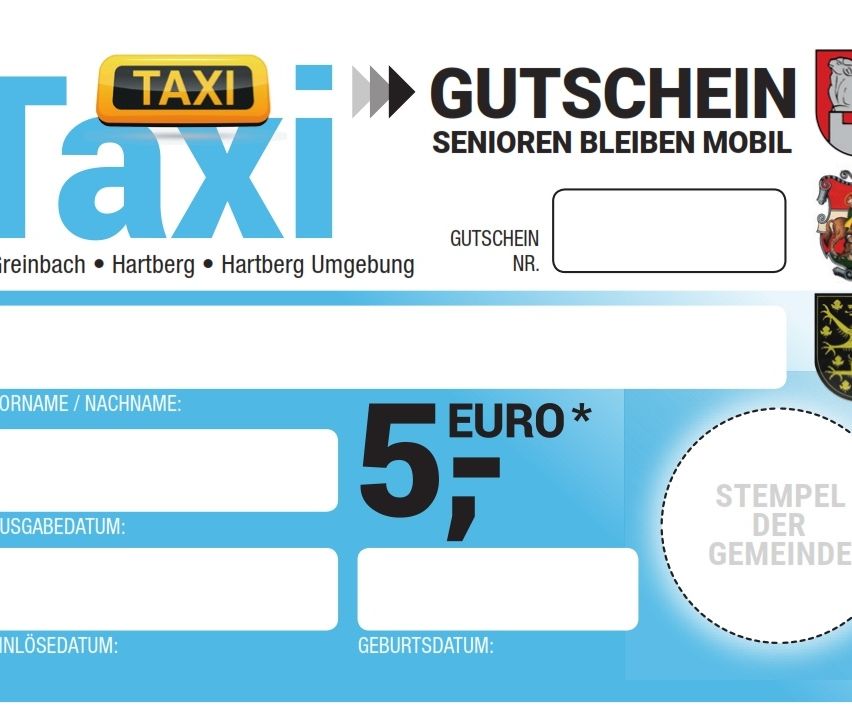 A blue and white voucher for a taxi service for seniors in Hartberg, Austria. It includes a 5 euro discount and spaces for personal information.