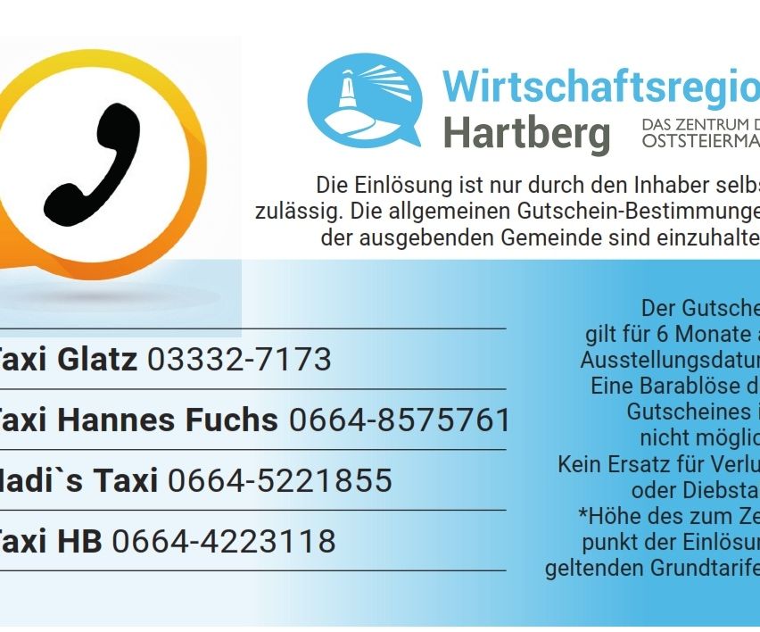 A blue and white sign with a lighthouse and the words Wirtschaftsregie Hartberg. Below are contact numbers for Glatz, Hannes Fuchs, Taxi, and HB.