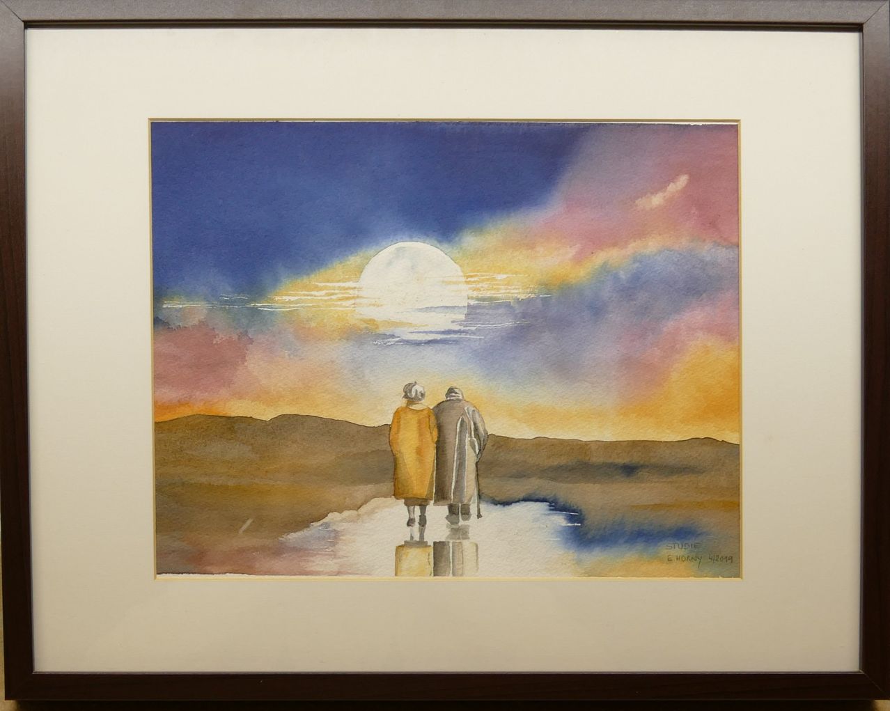 A watercolor painting depicts two people standing on a reflective surface under a full moon in a sunset sky with vibrant colors.