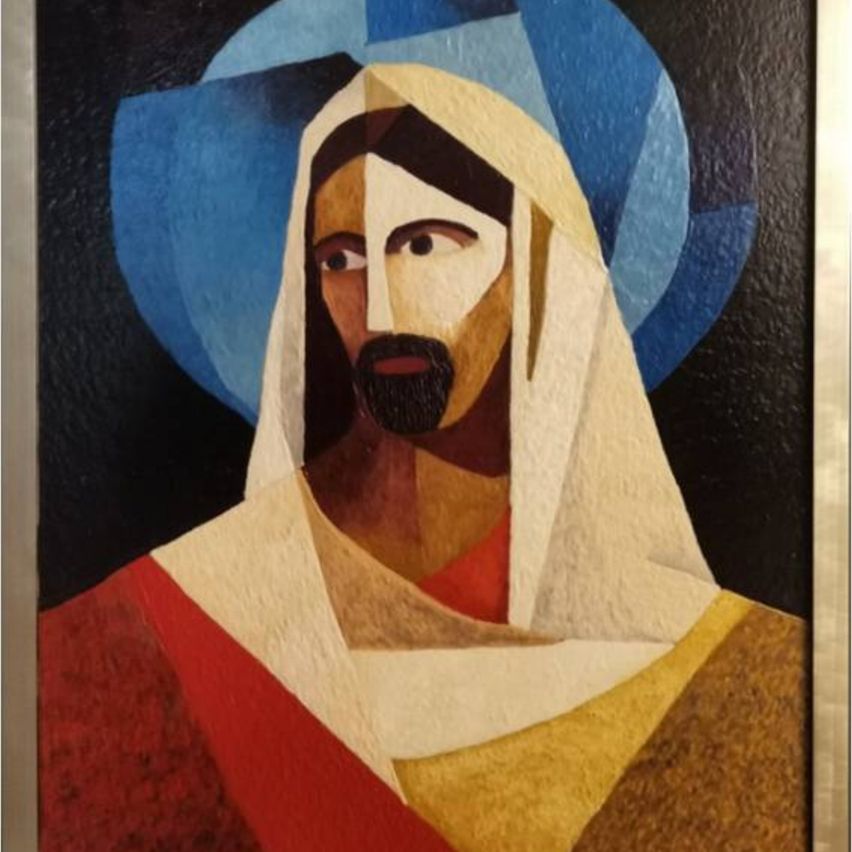 A modern abstract painting of Jesus Christ with a white robe and a blue halo, set against a dark background.