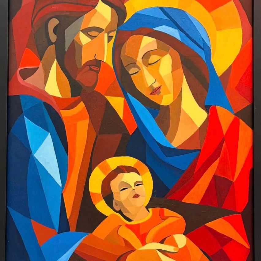A vibrant painting depicting the Holy Family: Jesus, Mary, and Joseph, with warm and vivid colors. The figures are stylized, with geometric shapes and bold outlines.