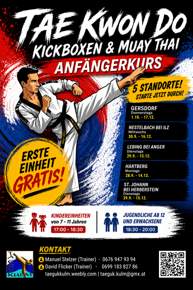 Poster for a kickboxing and Muay Thai beginners course. It features a man in a karate uniform performing a kick. The poster lists five locations and times for the course.