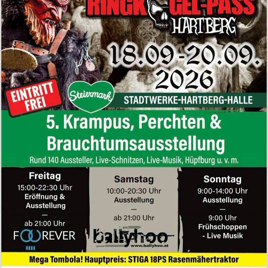 Poster for a festival event featuring Krampus, Percht, and Brauchtumsausstellung. Dates and times are listed for Friday, Saturday, and Sunday. A raffle prize is mentioned.