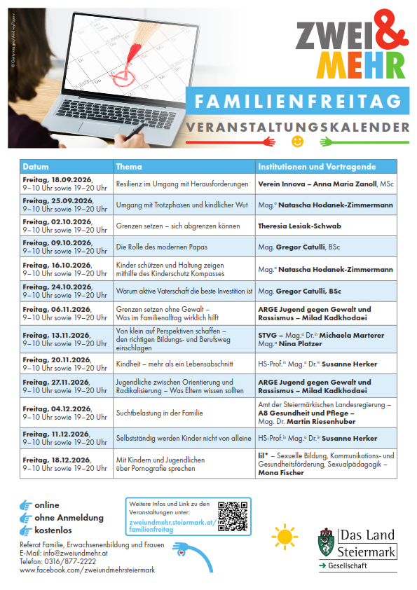 Veranstaltungskalender für den Familienfreitag. Themen: Resilienz, Grenzsetzen, moderne Vaterrolle, Kinderschutz, aktive Bürgerschaft. Referenten aus verschiedenen Institutionen. Online-Anmeldung erforderlich.