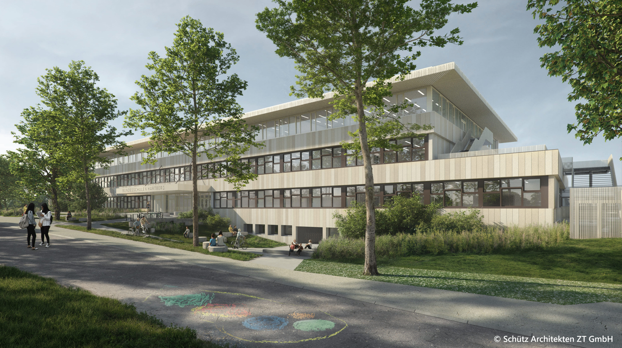 Eine moderne architektonische Darstellung eines Gebäudes namens Mullen Hartberg, mit Menschen draußen sitzend und großen Fenstern. Bäume und Pflanzen umgeben das Gebiet.