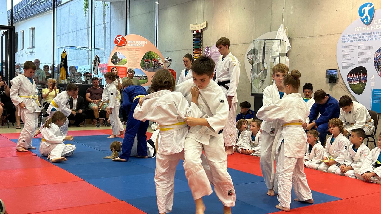 Eine Gruppe von Kindern trainiert Karate in einer Turnhalle. Sie tragen weiße Uniformen und gelbe Gürtel. Ein Junge fällt. Ein Schild an der Wand sagt 'Wir lieben Radsport.' Leute sitzen und stehen umher und schauen zu.