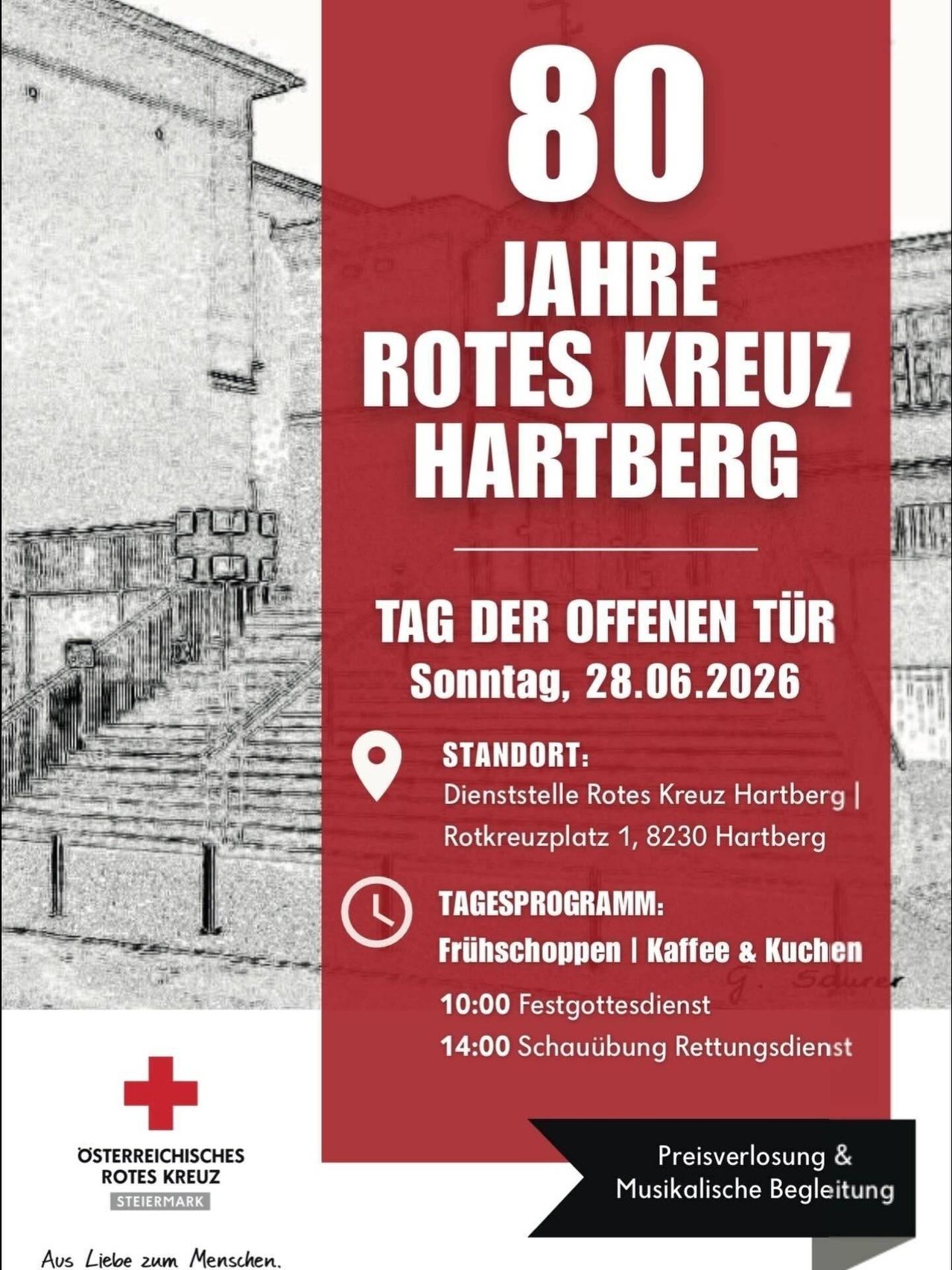 Plakat zur Werbung für die 100 Jahre des Roten Kreuzes Hartberg. Tag der offenen Tür am Sonntag, 28.06.2026. Standort: Rotes Kreuz Hartberg Service Station. Frühstück, Kaffee und Küche ab 10:00, Gottesdienst um 14:00.