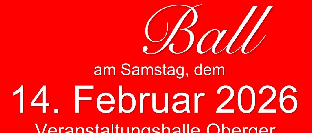 Plakat für den Feuerwehrball am 14. Februar 2026 in der Veranstaltungshalle Oberger. Beginn um 20:00 Uhr, Eintritt 8 Euro. Das Rotary-Logo ist oben links.