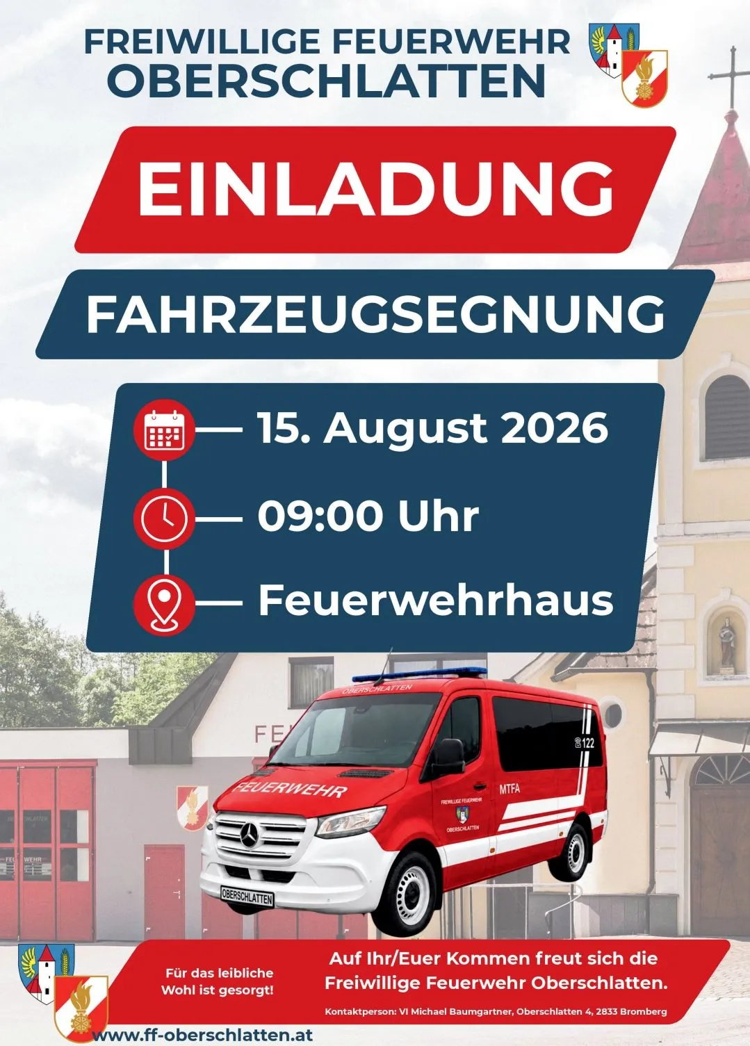Eine Einladung zur Fahrzeuginspektion am 15. August 2026 um 09:00 Uhr im Feuerwehrhaus. Ein roter Mercedes-Benz-Van steht vor einem Gebäude.