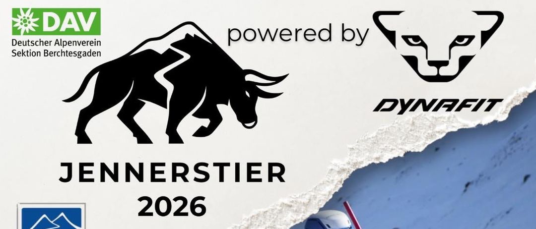 Werbeplakat für den Ski-Event Jennerstjer 2026 mit zwei Skifahrern in roten und grauen Uniformen auf verschneiten Hängen. Veranstaltungen umfassen Sprint YWC Nachtrennen, Vertical YWC/ offene Klasse und Individual YWC. Termine sind 05.02.26, 07.02.26 und 08.02.26.