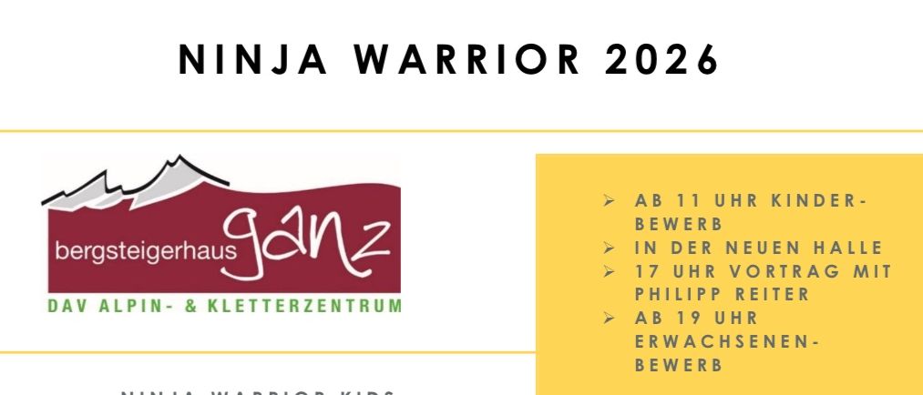 Ninja Warrior Kids am 25.04.2026, 11:00-15:30 Uhr für 6-15 Jahre. Stationen in neue Halle. Gruppen 6-10 und 11-15 Jahre. Nach der Veranstaltung Party.