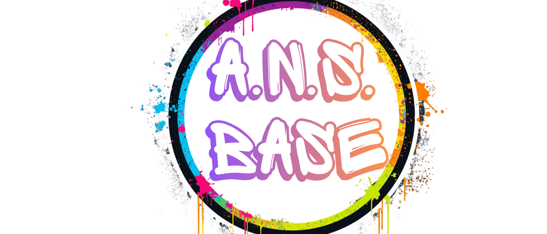 Ein lebhaftes Logo mit dem Text 'A.N.D. BASE' in einem kreisförmigen Design, umgeben von bunten Farbspritzern.