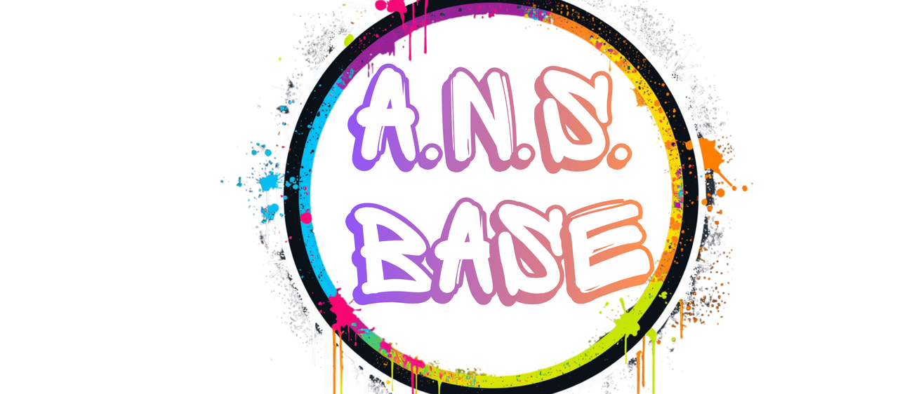 Ein lebhaftes Logo mit dem Text 'A.N.D. BASE' in einem kreisförmigen Design, umgeben von bunten Farbspritzern.