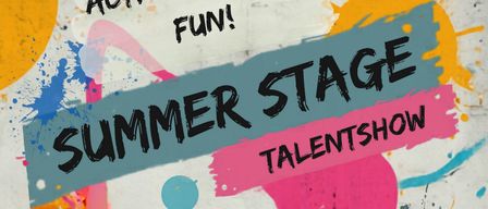 Plakat für eine Sommer-Talentshow-Veranstaltung mit einem farbenfrohen Hintergrund und bunten Farbspritzern. Der Text lautet 'Sommer Stage Talentshow', '23. Juli. 2026', 'WANN: AB 15:00 UHR' und 'WO: Freibad in Haid'. Das Poster ist mit einer verspielten und kreativen Ästhetik gestaltet.
