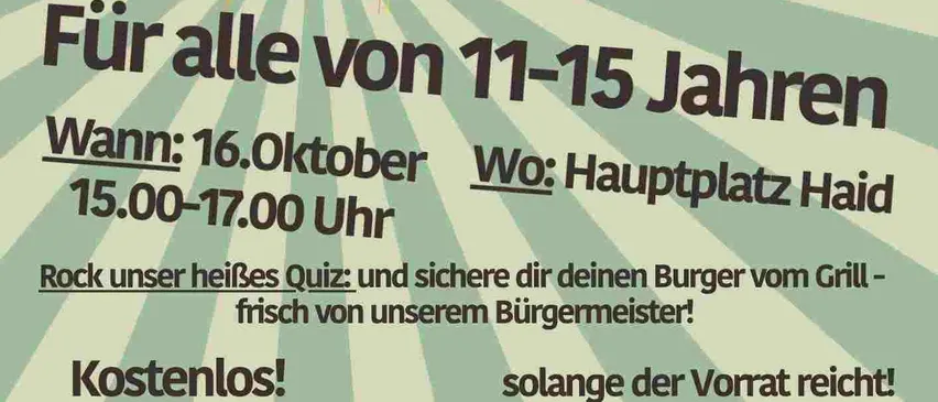 Plakat für eine Jugendveranstaltung, mit einem farbenfrohen quadratischen Raster mit den Buchstaben B, B und Q. Der Text lautet 'Party B B Q'. Darunter steht 'Für alle von 11-15 Jahren'. Die Veranstaltung ist kostenlos und beinhaltet einen Burger vom Grill des Bürgermeisters.